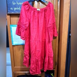 A Terzo Millennio linen Red Off-Shoulder Dress in a size small.